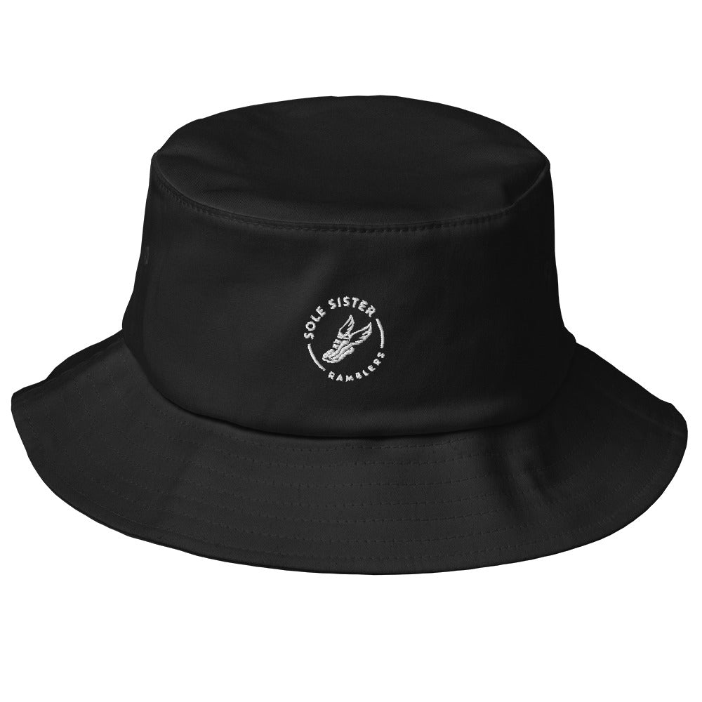 Black bucket hat with round Sole Sister Ramblers logo on crown.