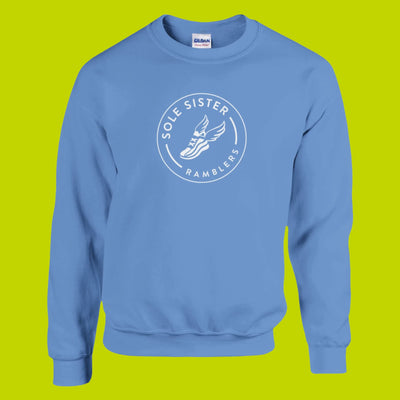 Front view blue crew neck sweatshirt with Sole Sister Rambler logo.