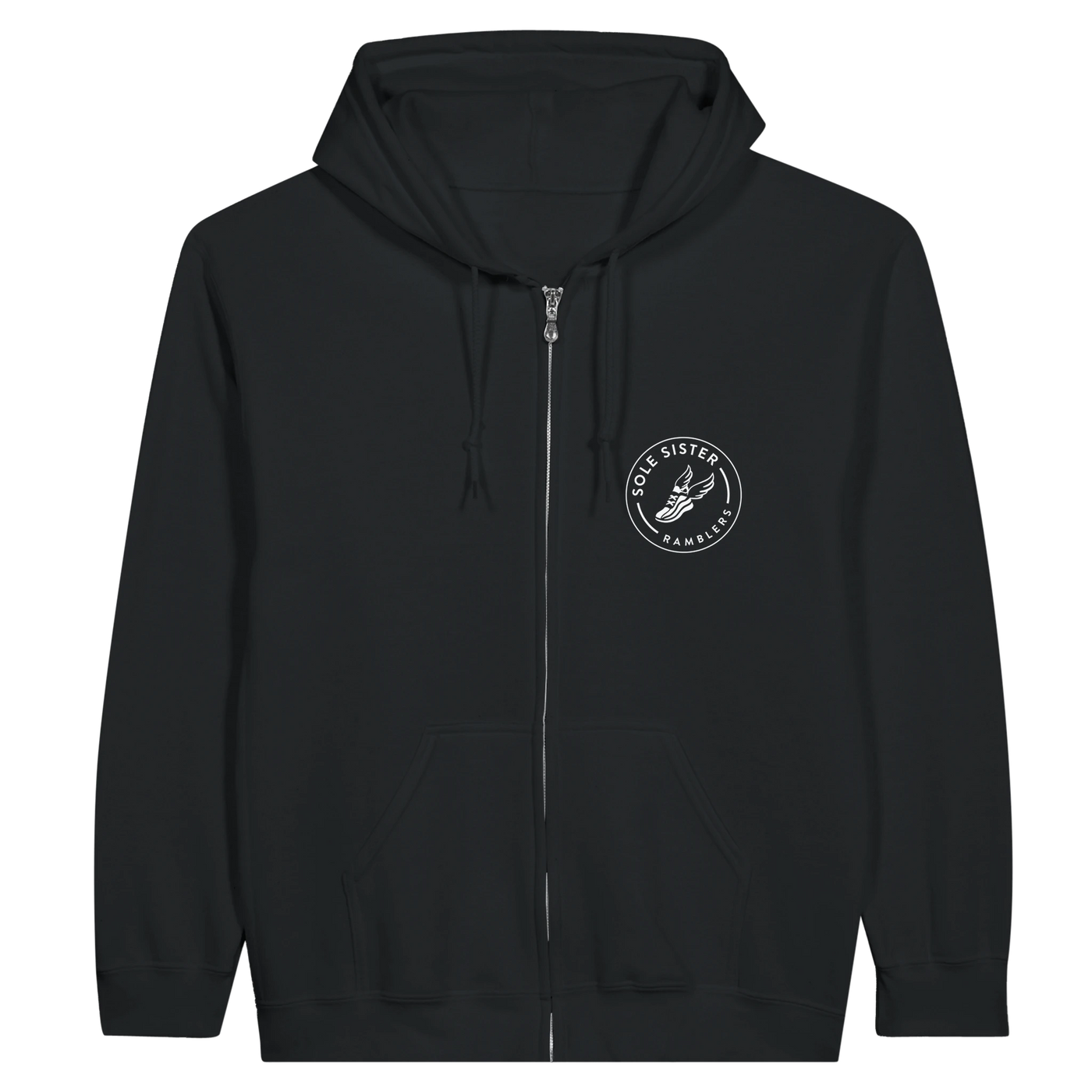 Front view of black zip up hoodie with round white Sole Sister Rambler logo on right chest.