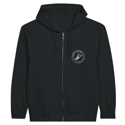 Front view of black zip up hoodie with round white Sole Sister Rambler logo on right chest.