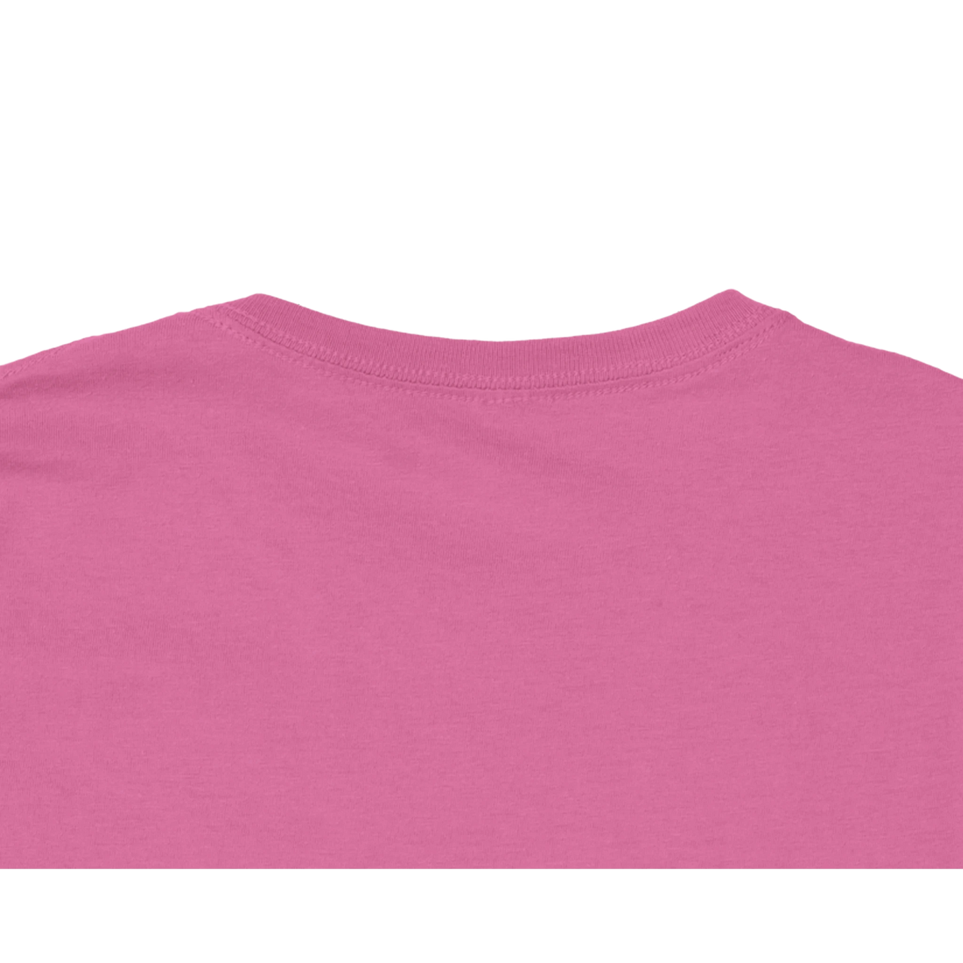 Close up of the back view of neck on a pink crew neck women's cut t-shirt.