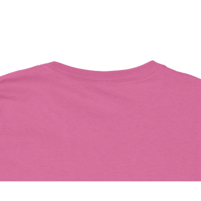 Close up of the back view of neck on a pink crew neck women's cut t-shirt.