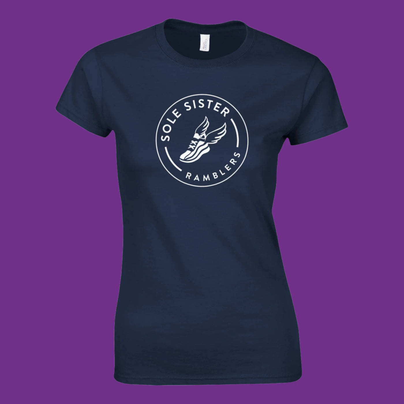 Navy crew neck women's cut t-shirt with Sole Sister Ramblers logo.