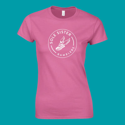 Pink crew neck women's cut t-shirt with Sole Sister Ramblers logo.