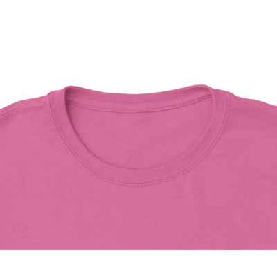 Close up of neck on a pink crew neck women's cut t-shirt.