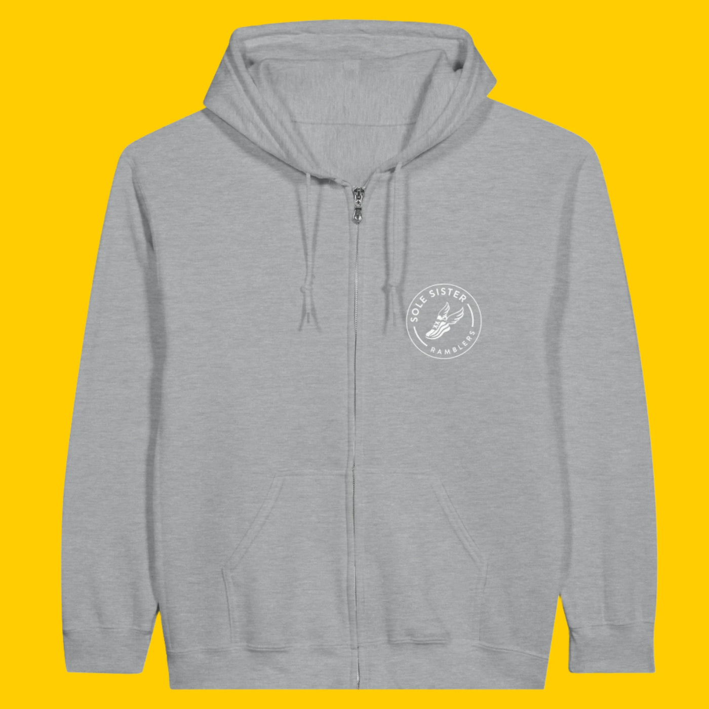 Front view of gray zippered hoodie with Sole Sister Ramblers logo on front right chest.