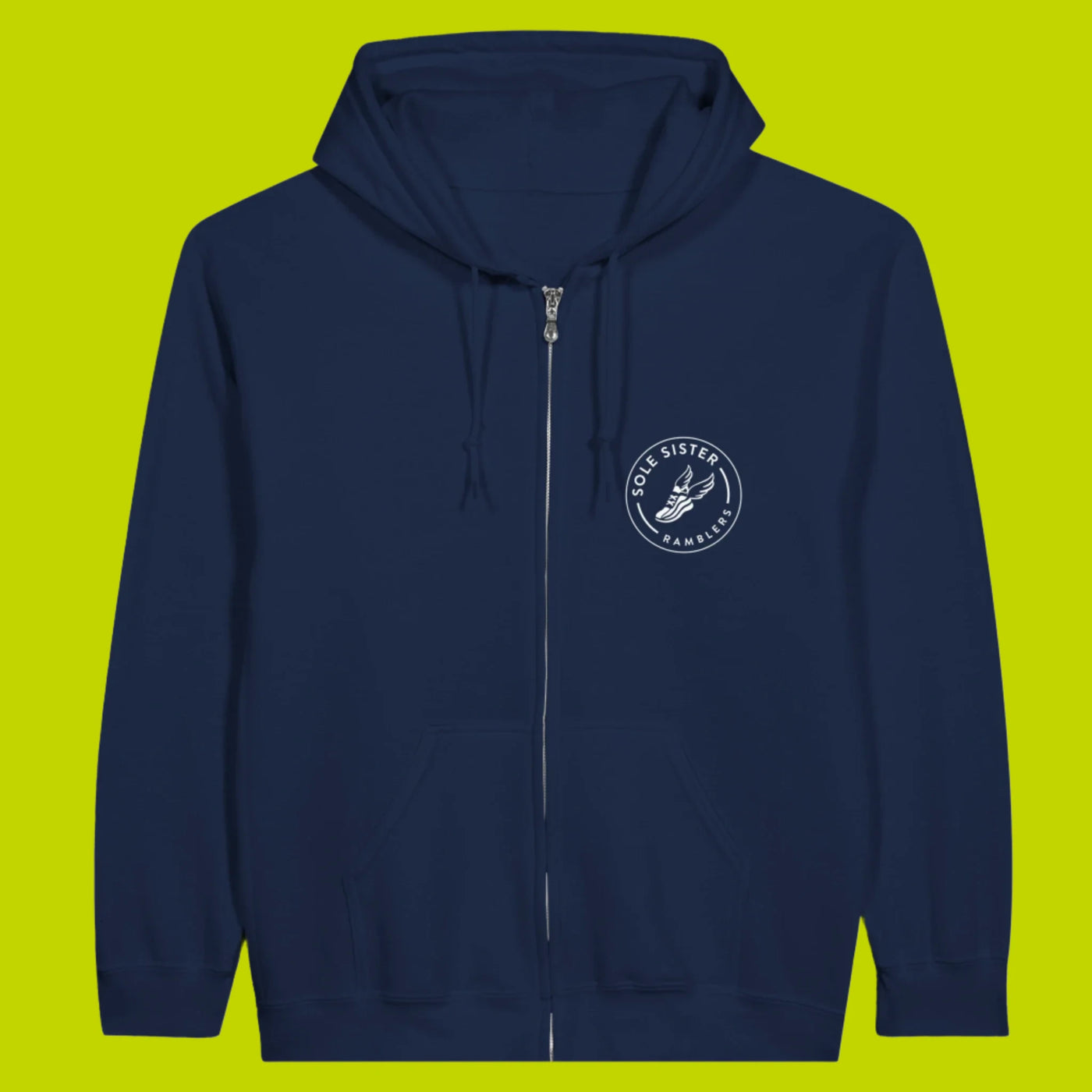 Front view of navy zippered hoodie with Sole Sister Ramblers logo on front right chest.