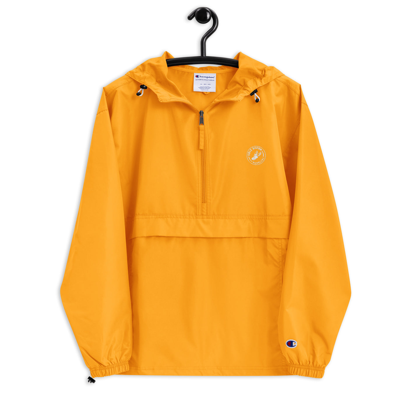 Gold Champion pullover with embroidered Sole Sister Rambler logo.