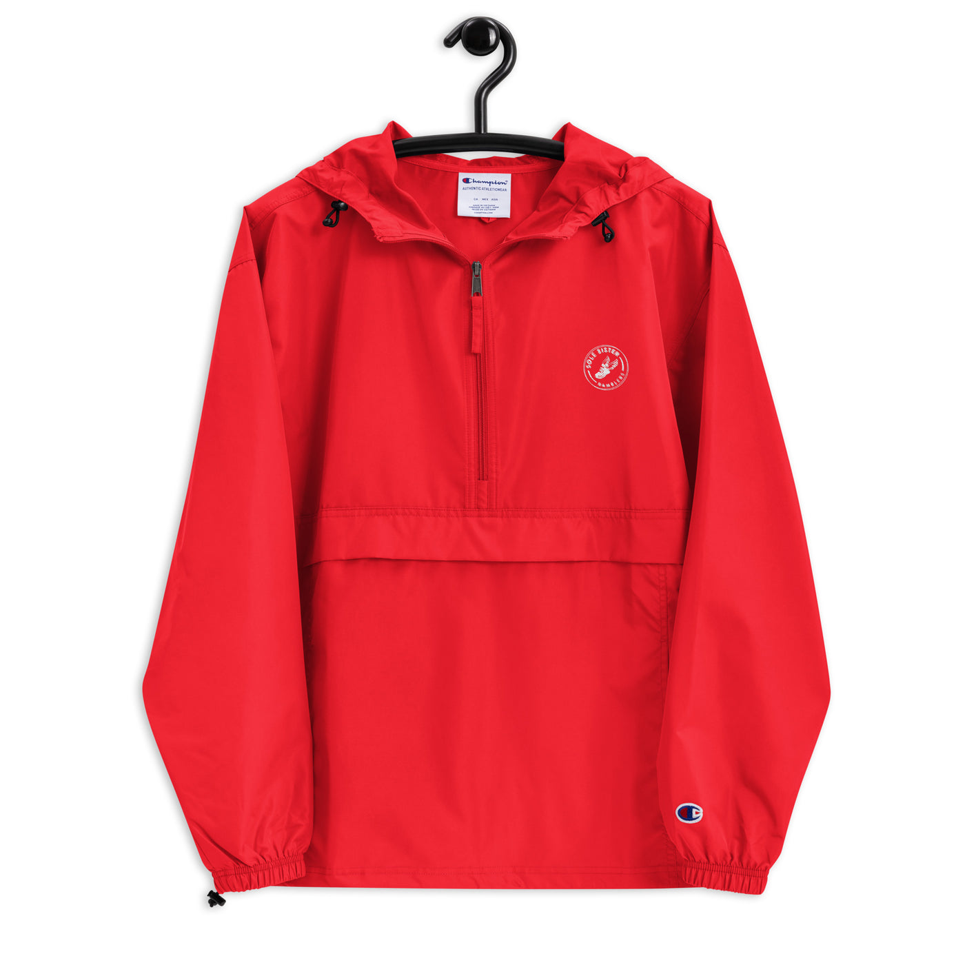 Red Champion pullover with embroidered Sole Sister Rambler logo.