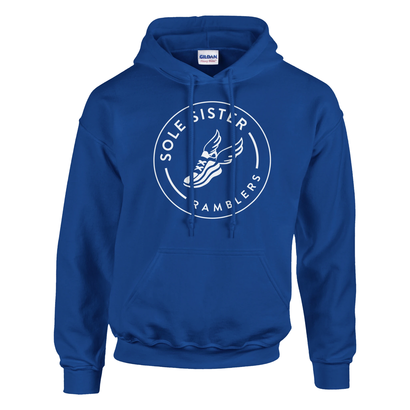 Front view of royal blue pullover hoodie with round white Sole Sister Ramblers logo.