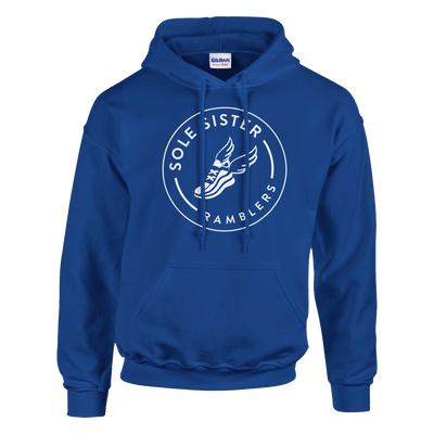 Front view of royal blue pullover hoodie with round white Sole Sister Ramblers logo.