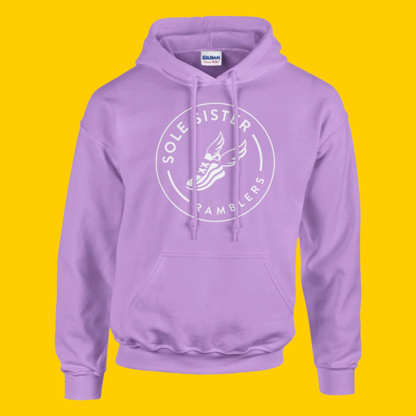 Front view of purple pullover hoodie with round white Sole Sister Ramblers logo.