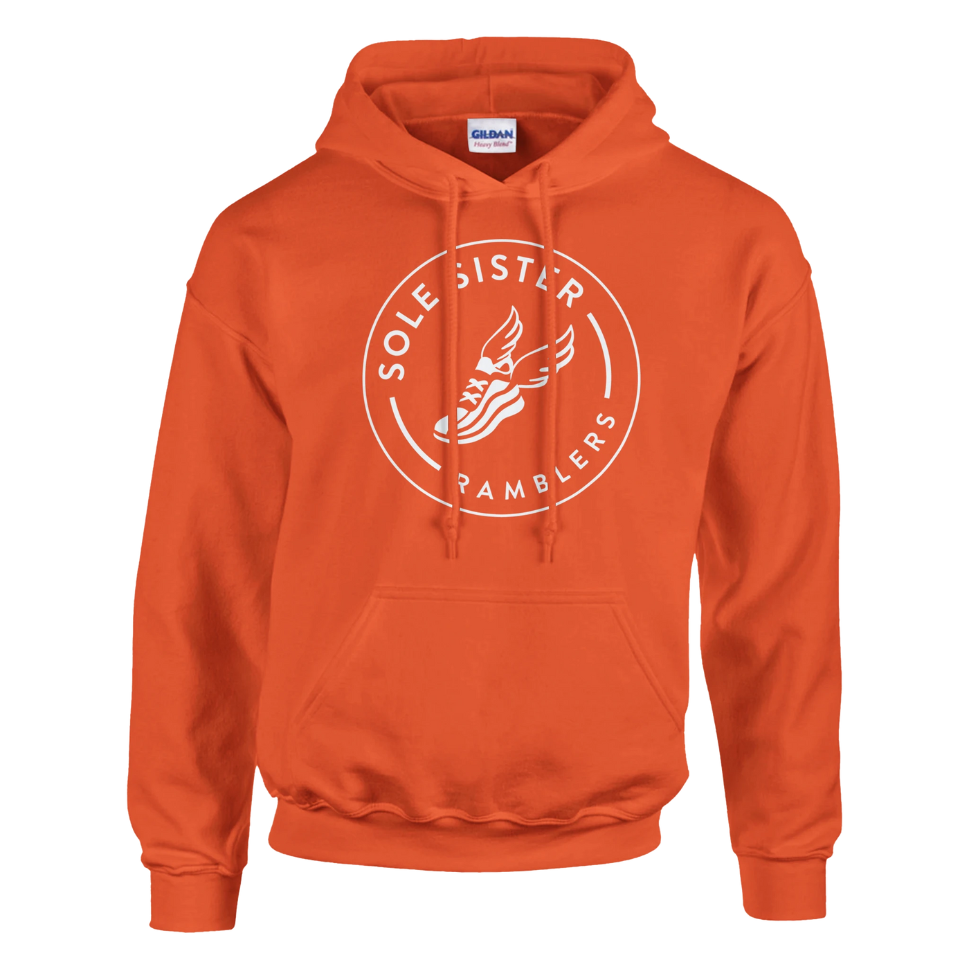 Front view of orange pullover hoodie with round white Sole Sister Ramblers logo.