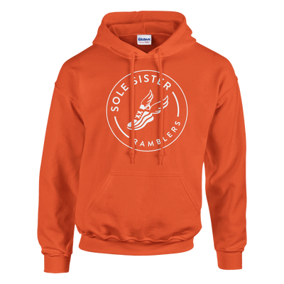 Front view of orange pullover hoodie with round white Sole Sister Ramblers logo.