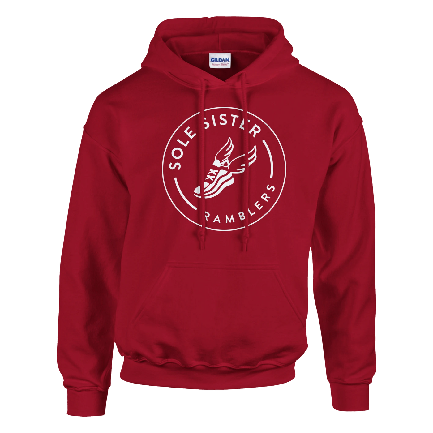 Front view of red pullover hoodie with round white Sole Sister Ramblers logo.