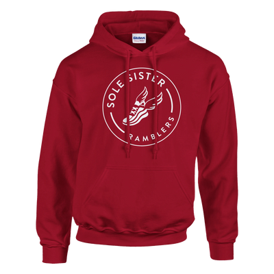 Front view of red pullover hoodie with round white Sole Sister Ramblers logo.