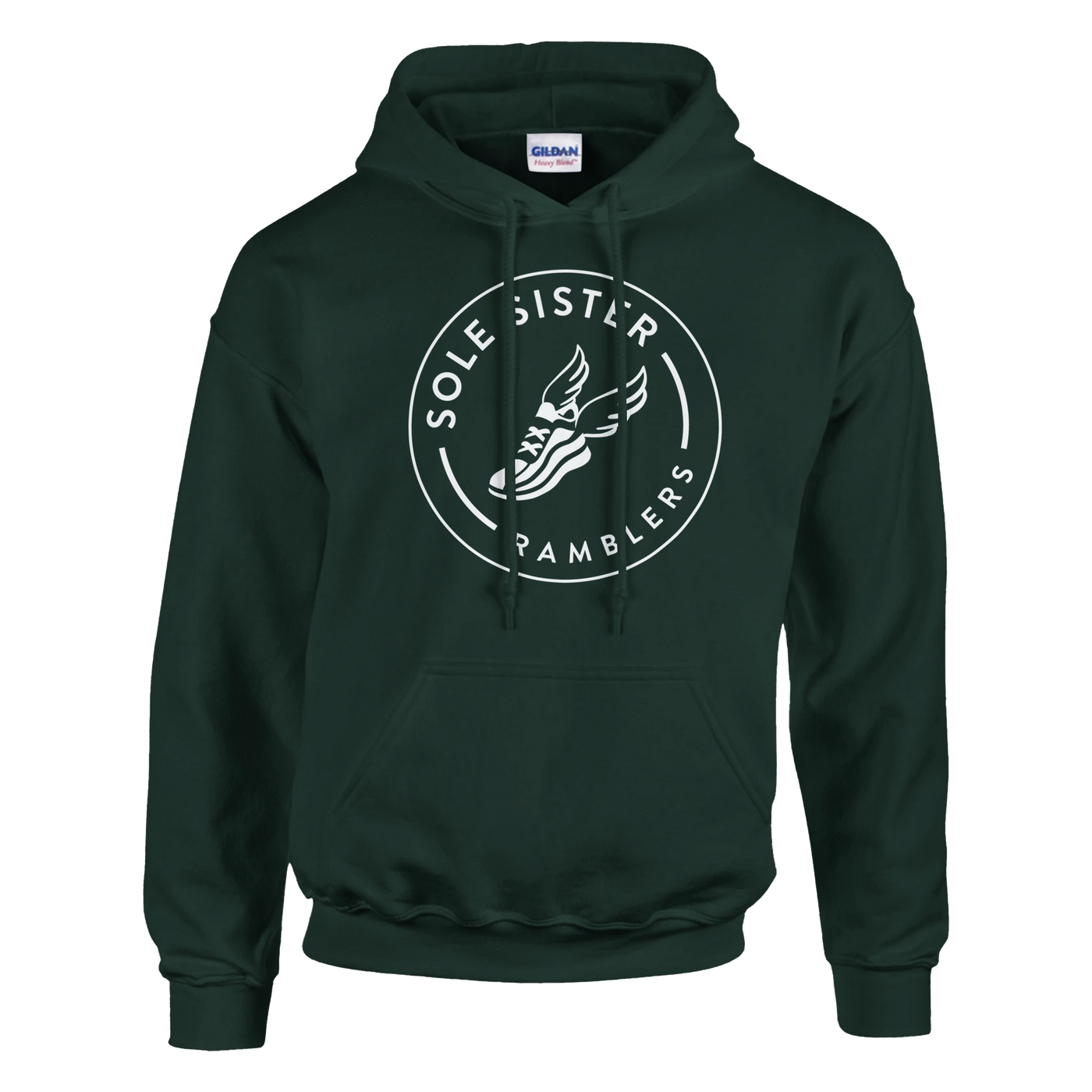 Front view of forest green pullover hoodie with round white Sole Sister Ramblers logo.