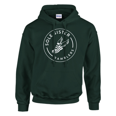 Front view of forest green pullover hoodie with round white Sole Sister Ramblers logo.