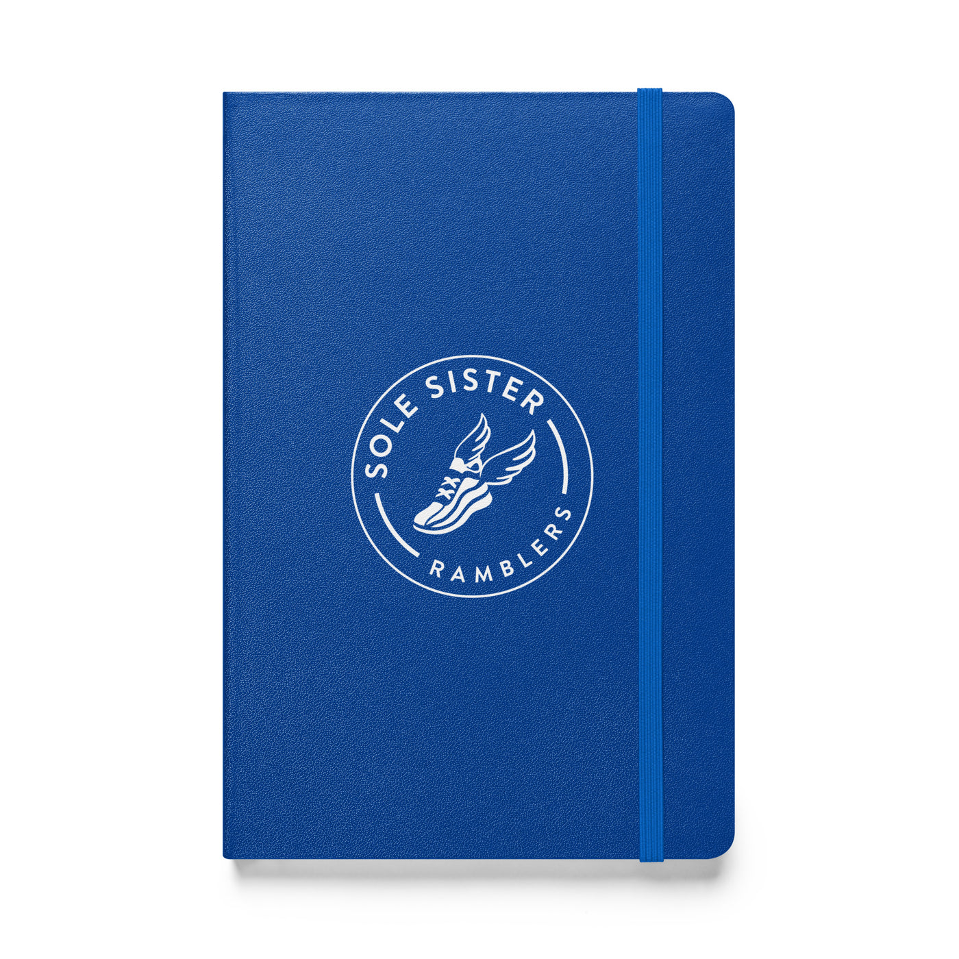 Royal blue notebook with round Sole Sister Ramblers logo.
