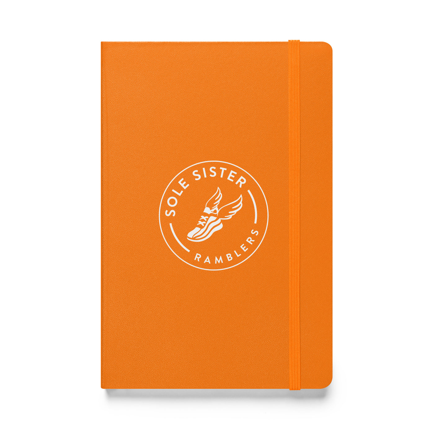 Royal orange notebook with round Sole Sister Ramblers logo.