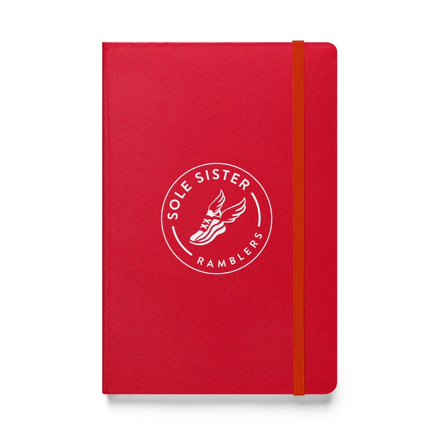 Royal red notebook with round Sole Sister Ramblers logo.