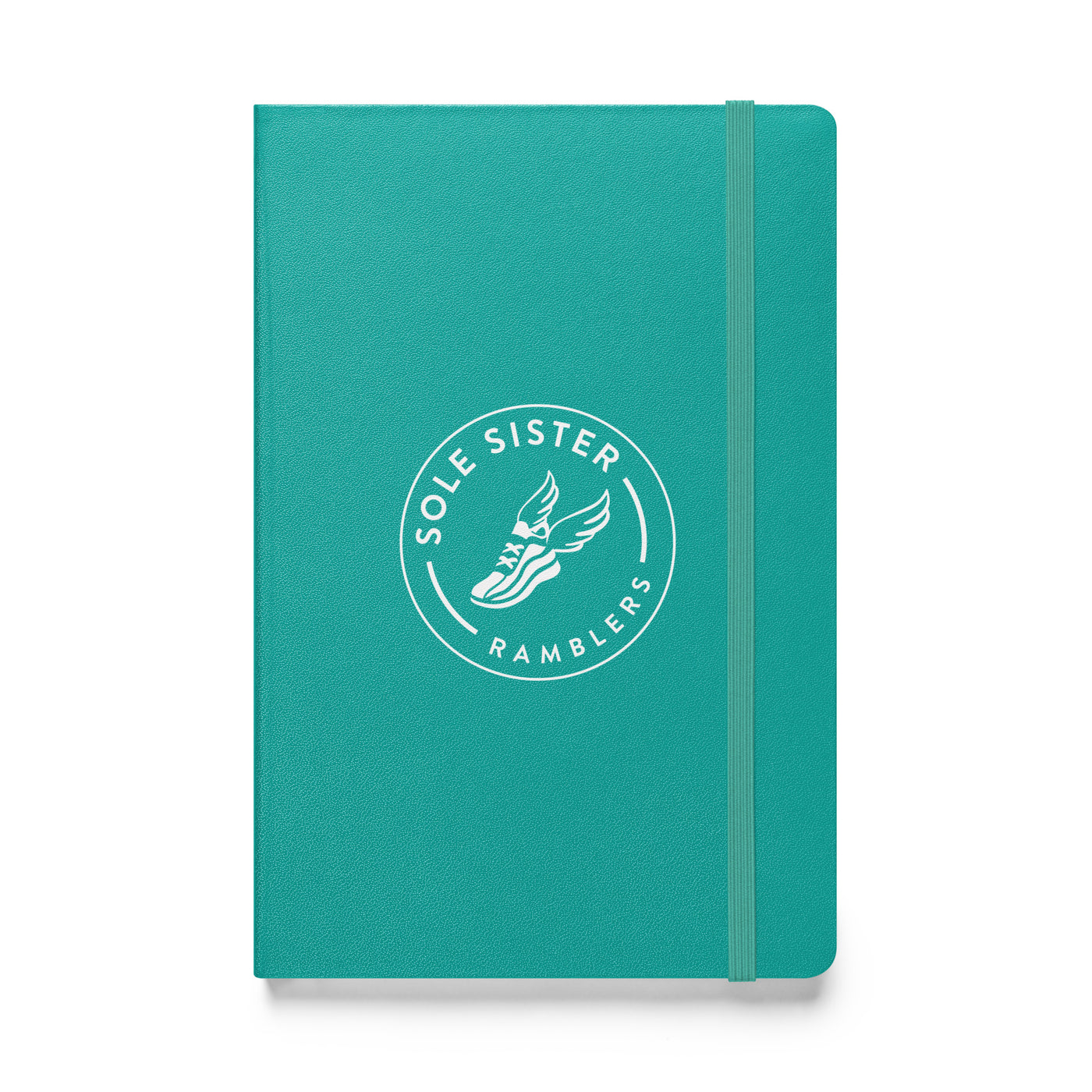 Royal teal notebook with round Sole Sister Ramblers logo.