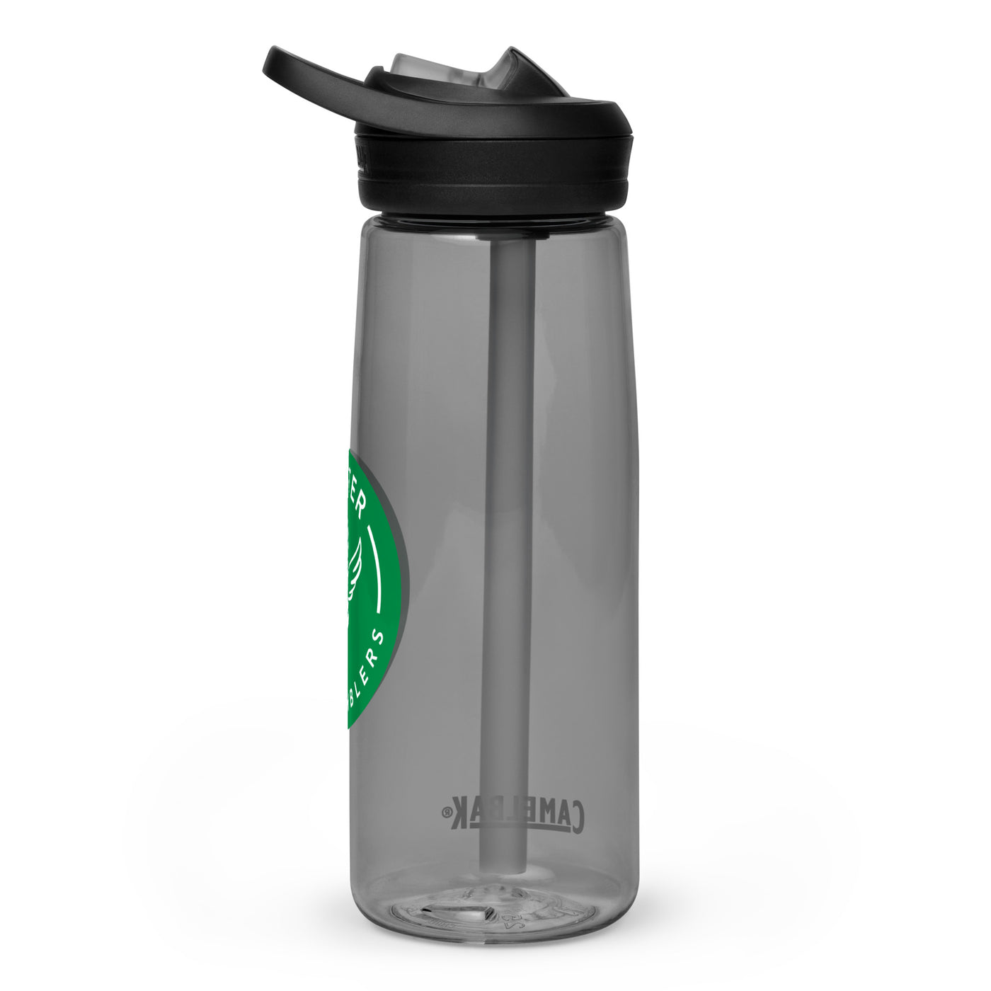 Sideview of charcoal Camelback water bottle with green Sole Sister Ramblers logo.