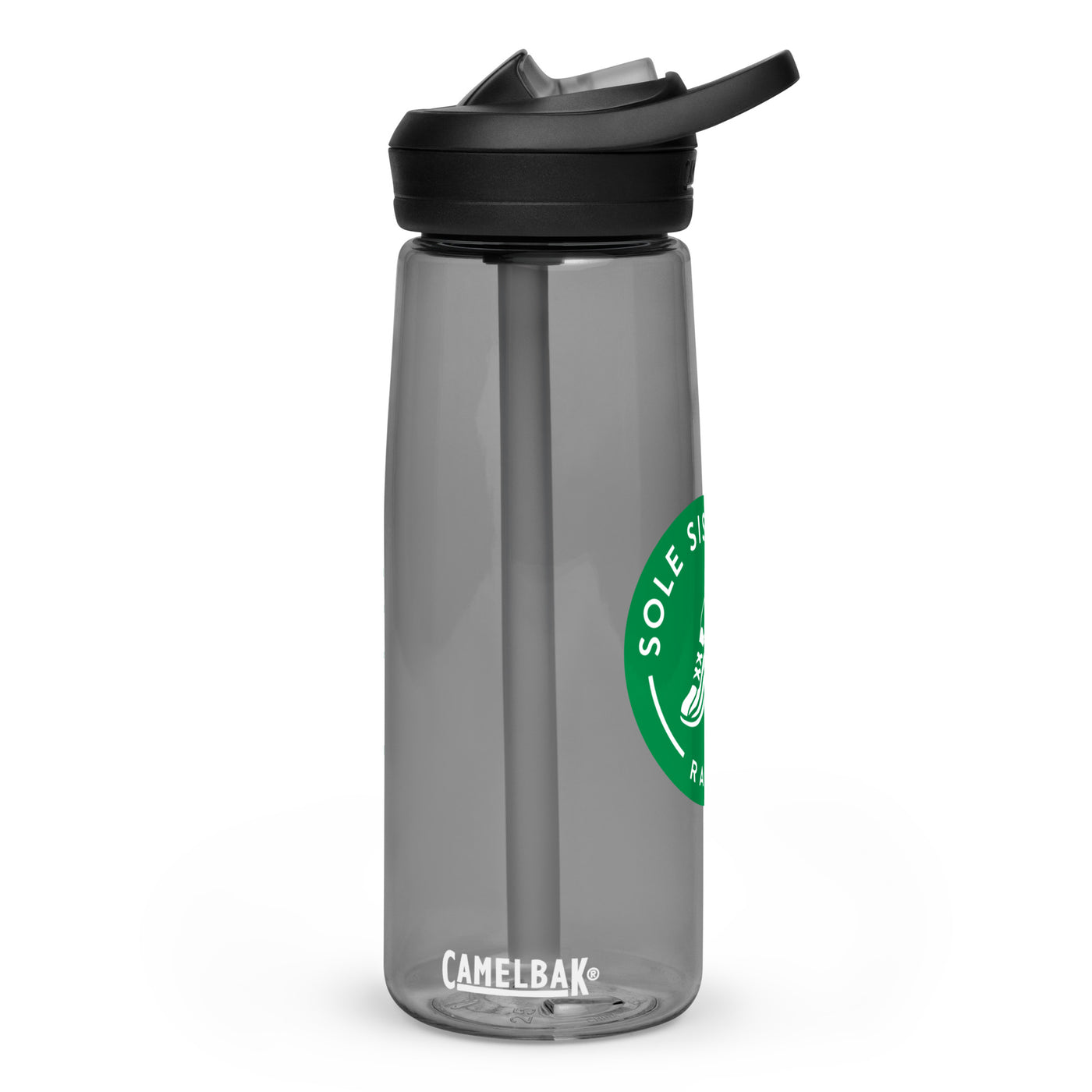 Sideview of charcoal Camelback water bottle with green Sole Sister Ramblers logo.