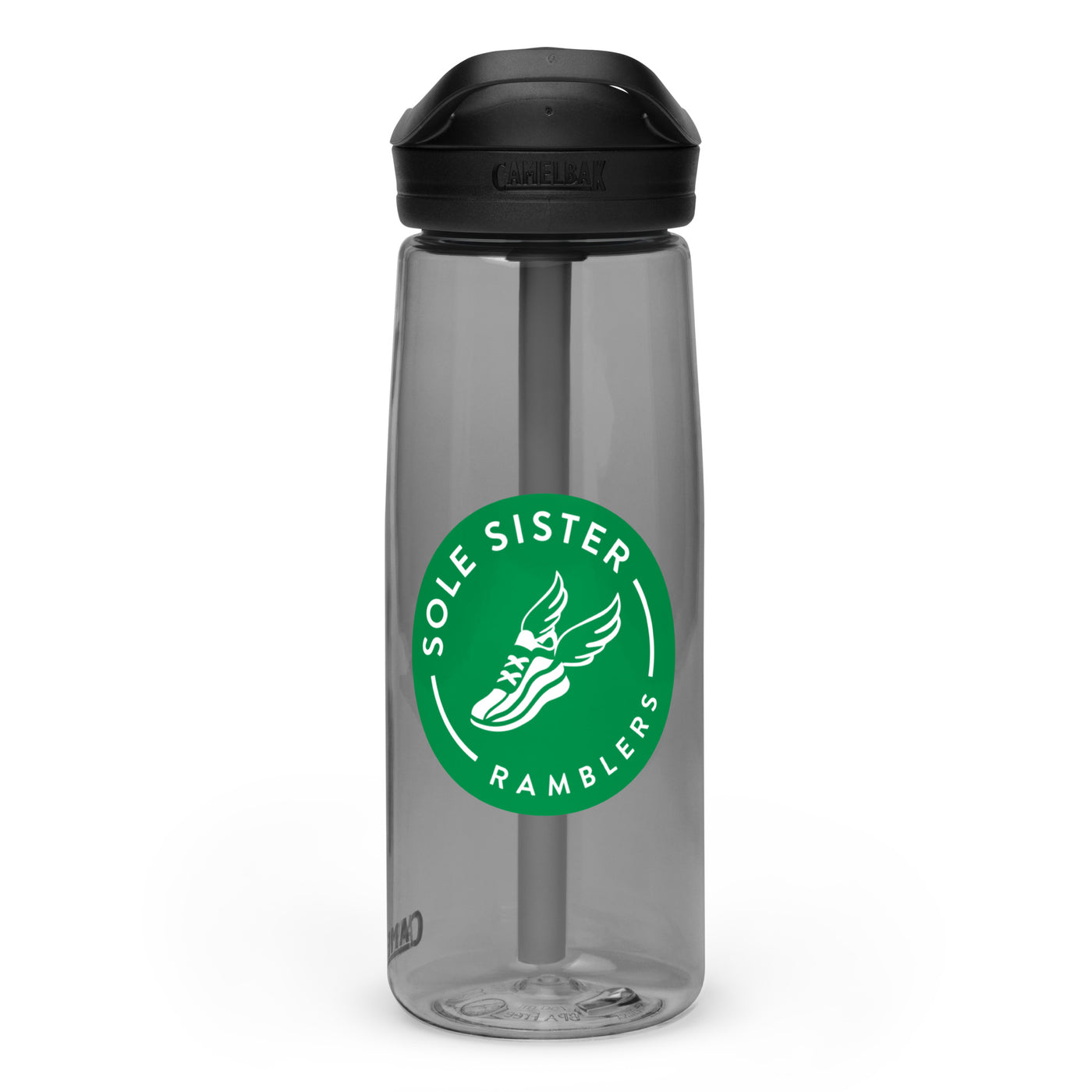 Charcoal Camelback water bottle with green Sole Sister Ramblers logo.
