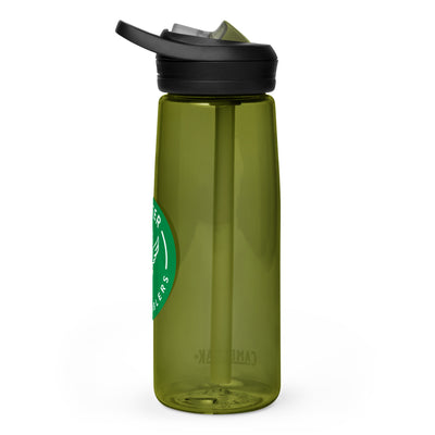 Sideview of olive Camelback water bottle with green Sole Sister Ramblers logo.