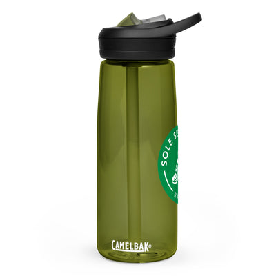 Sideview of olive Camelback water bottle with green Sole Sister Ramblers logo.