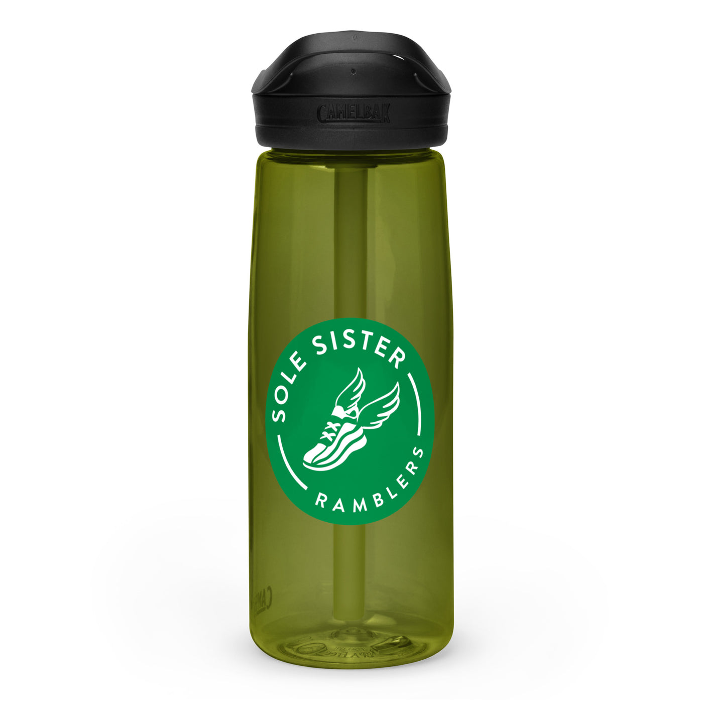 Olive Camelback water bottle with green Sole Sister Ramblers logo.
