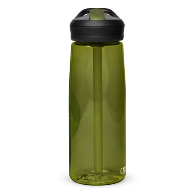 Backview of blue Camelback water bottle with green Sole Sister Ramblers logo.