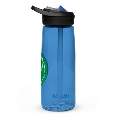 Sideview of blue Camelback water bottle with green Sole Sister Ramblers logo.