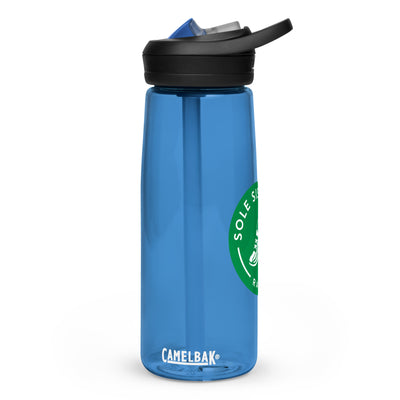 Sideview of blue Camelback water bottle with green Sole Sister Ramblers logo.
