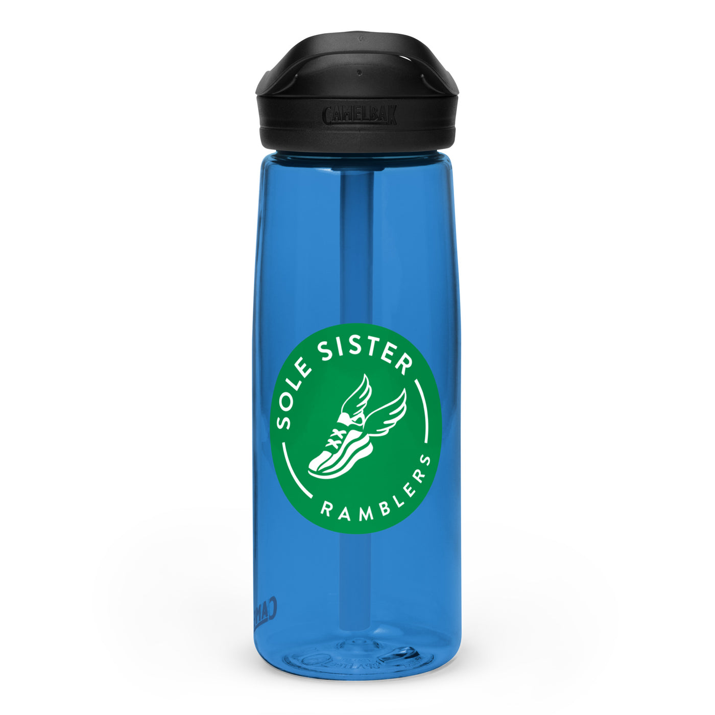 Blue Camelback water bottle with green Sole Sister Ramblers logo.