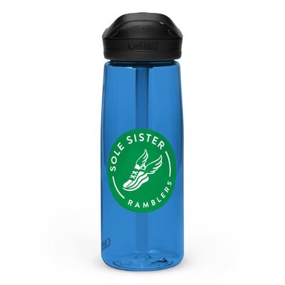 Blue Camelback water bottle with green Sole Sister Ramblers logo.