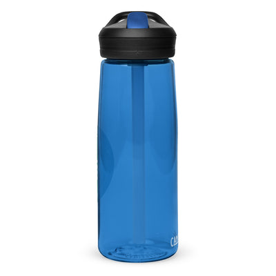 Back view of blue Camelback water bottle.