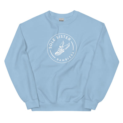 Front view of light blue crewneck sweatshirt with round Sole Sister Ramblers logo on the front chest.