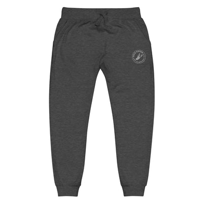 Front view of grey sweatpants with round Sole Sister Ramblers logo on top leg.