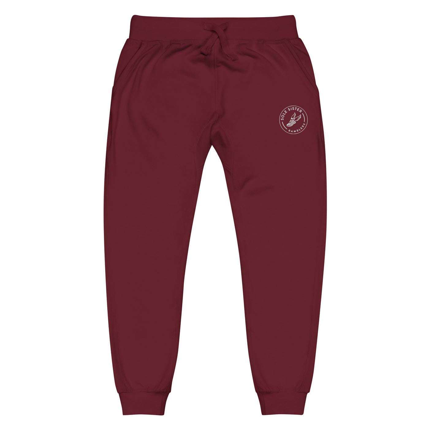 Front view of top maroonsweatpants with round Sole Sister Ramblers logo on top leg.