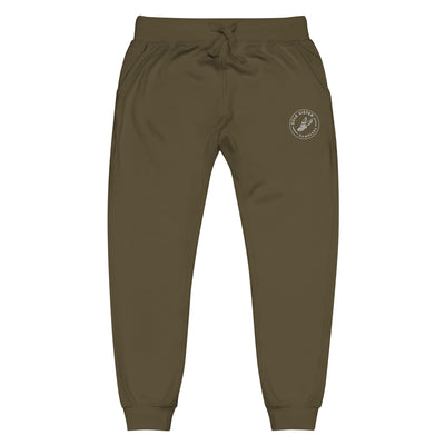 Front view of olive green sweatpants with round Sole Sister Ramblers logo on top leg.