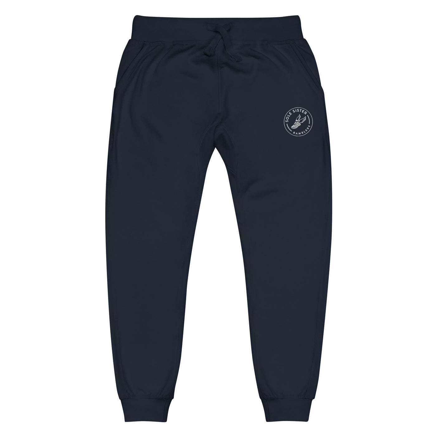 Front view of navy sweatpants with round Sole Sister Ramblers logo on top leg.