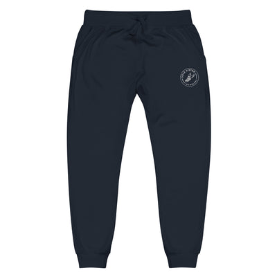 Front view of navy sweatpants with round Sole Sister Ramblers logo on top leg.