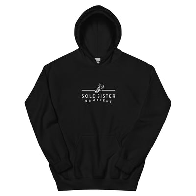 Front view black hoodie with horizontal Sole Sister Ramblers logo.