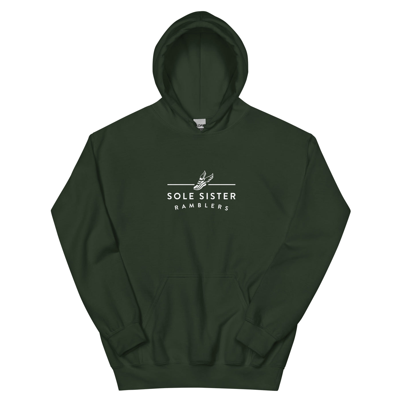 Front view forest green hoodie with horizontal Sole Sister Ramblers logo.