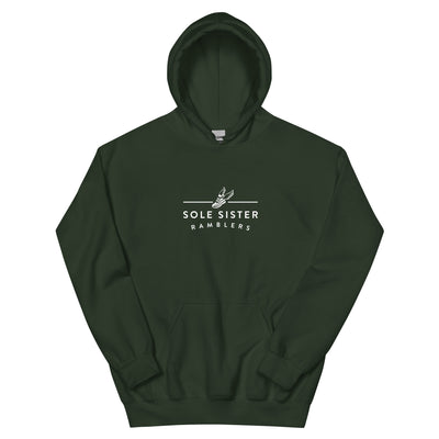 Front view forest green hoodie with horizontal Sole Sister Ramblers logo.