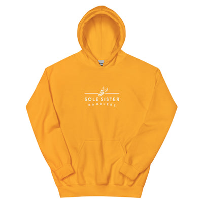 Front view yellow hoodie with horizontal Sole Sister Ramblers logo.