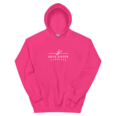 Front view pink hoodie with horizontal Sole Sister Ramblers logo.