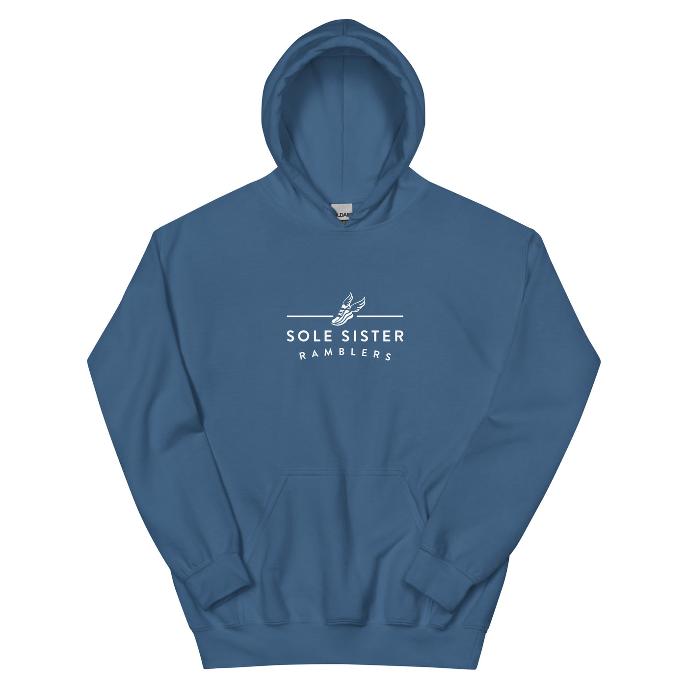 Front view cement blue hoodie with horizontal Sole Sister Ramblers logo.